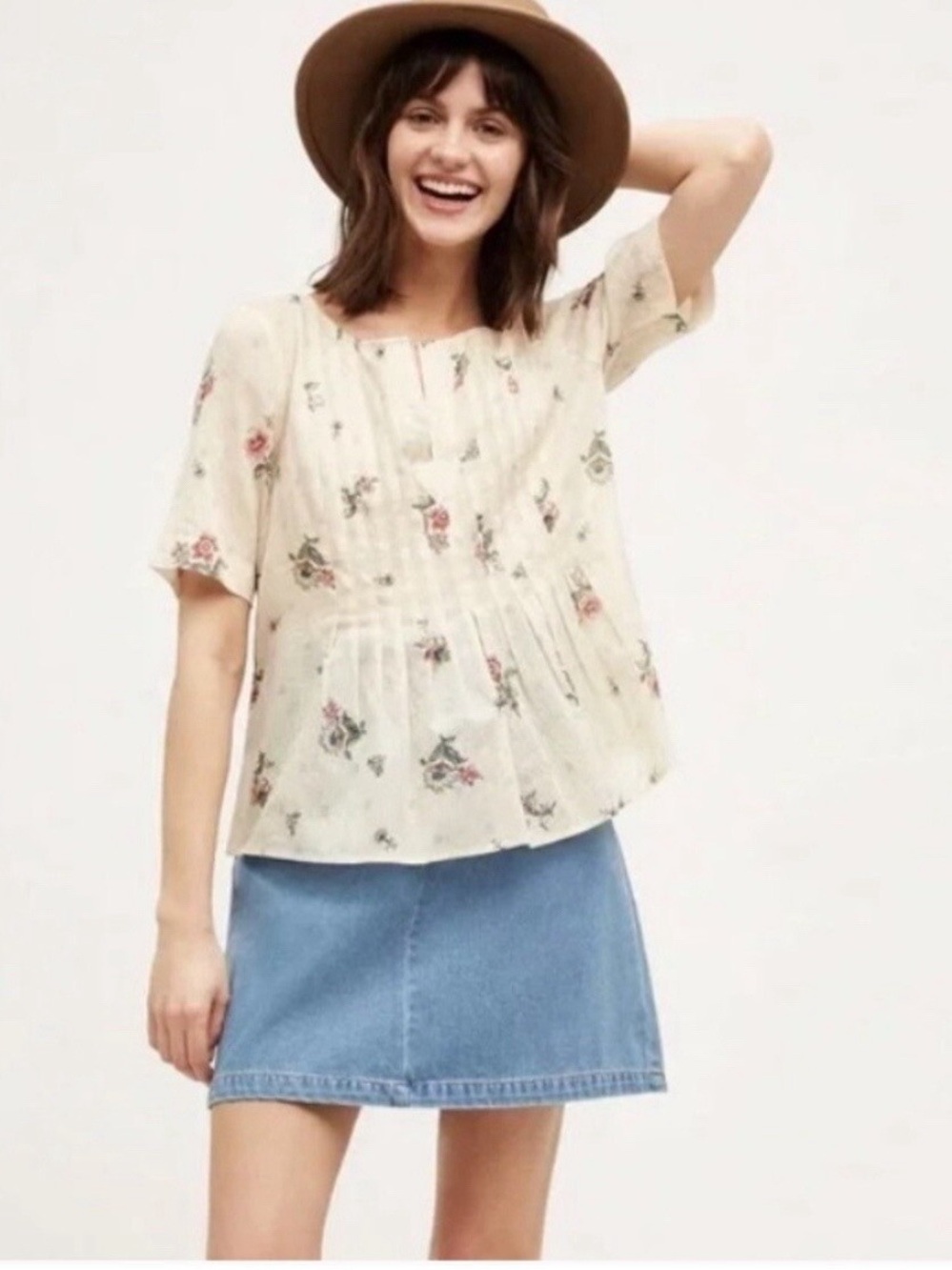 Anthropologie Maeve Cream Floral Pintuck Peasant Top 8